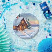 Winterhütte Berg Schnee Aquarell Pappteller (Party)