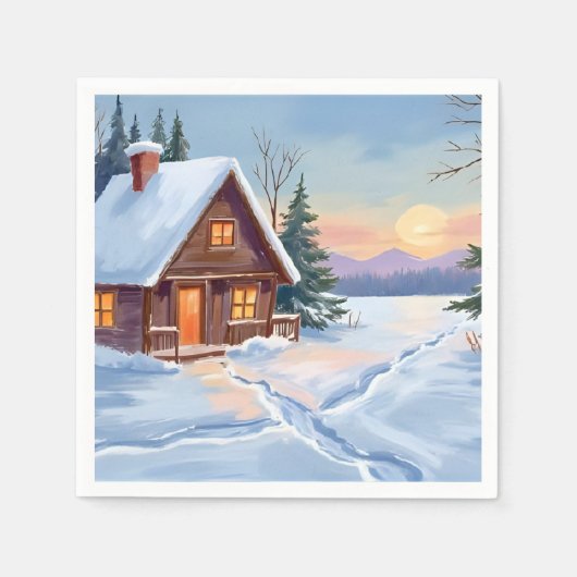 Winterhütte Berg Schnee Aquarell Serviette (Vorderseite)