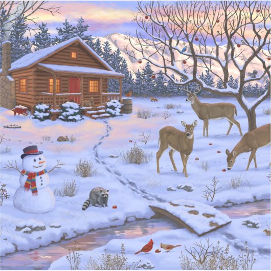 Winterhütte Hirsch im Schnee Weihnachtsszene Aufkleber (Vorderseite)