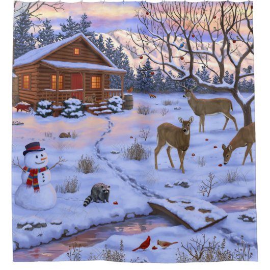 Winterhütte Hirsch im Schnee Weihnachtsszene Duschvorhang (Vorderseite)