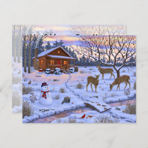 Winterhütte Hirsch im Schnee Weihnachtsszene Einladung