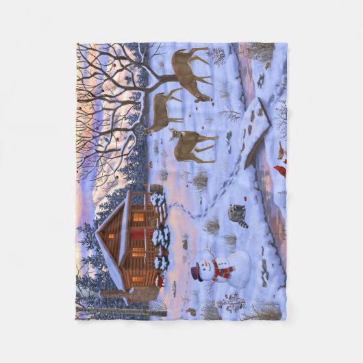Winterhütte Hirsch im Schnee Weihnachtsszene Fleecedecke (Vorderseite)