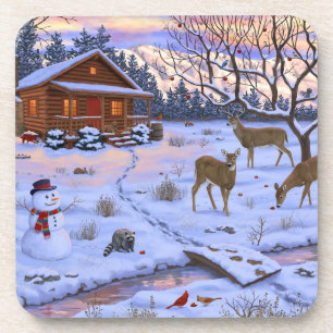 Winterhütte Hirsch im Schnee Weihnachtsszene Getränkeuntersetzer
