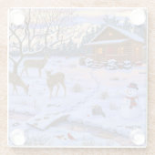 Winterhütte Hirsch im Schnee Weihnachtsszene Glasuntersetzer (Rückseite)