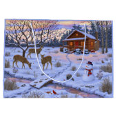 Winterhütte Hirsch im Schnee Weihnachtsszene Große Geschenktüte (Rückseite)
