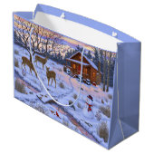 Winterhütte Hirsch im Schnee Weihnachtsszene Große Geschenktüte (Rückseite Schrägansicht)