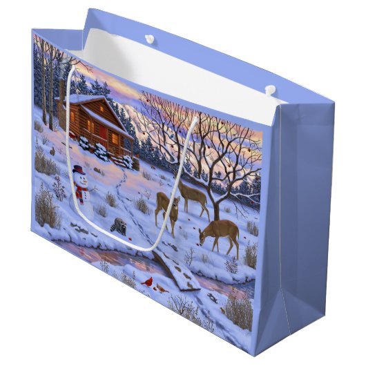 Winterhütte Hirsch im Schnee Weihnachtsszene Große Geschenktüte (Vorderseite Schrägansicht)