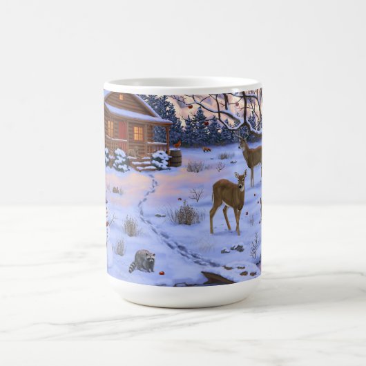 Winterhütte Hirsch im Schnee Weihnachtsszene Kaffeetasse (Mittel)