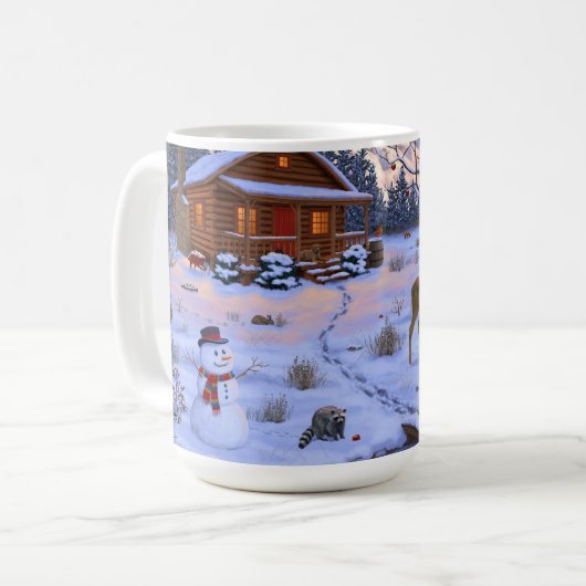 Winterhütte Hirsch im Schnee Weihnachtsszene Kaffeetasse (Vorderseite Links)