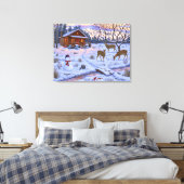 Winterhütte Hirsch im Schnee Weihnachtsszene Leinwanddruck (Insitu (Schlafzimmer))