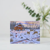 Winterhütte Hirsch im Schnee Weihnachtsszene Postkarte (Stehend Vorderseite)