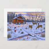 Winterhütte Hirsch im Schnee Weihnachtsszene Postkarte (Vorne/Hinten)