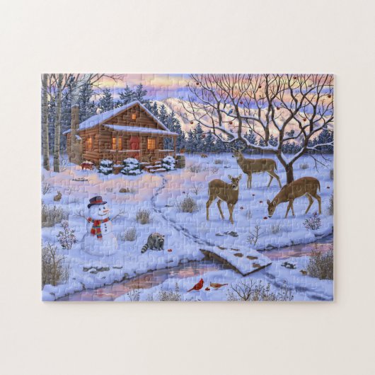 Winterhütte Hirsch im Schnee Weihnachtsszene Puzzle (Horizontal)