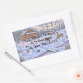 Winterhütte Hirsch im Schnee Weihnachtsszene Rechteckiger Aufkleber (Umschlag)