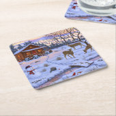 Winterhütte Hirsch im Schnee Weihnachtsszene Rechteckiger Pappuntersetzer (angewinkelt)