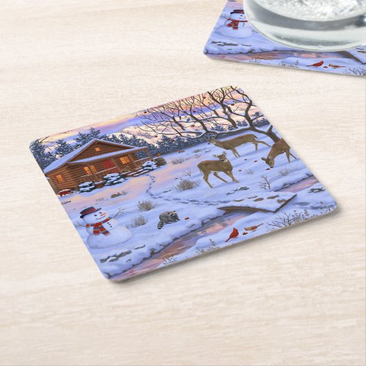 Winterhütte Hirsch im Schnee Weihnachtsszene Rechteckiger Pappuntersetzer (angewinkelt)