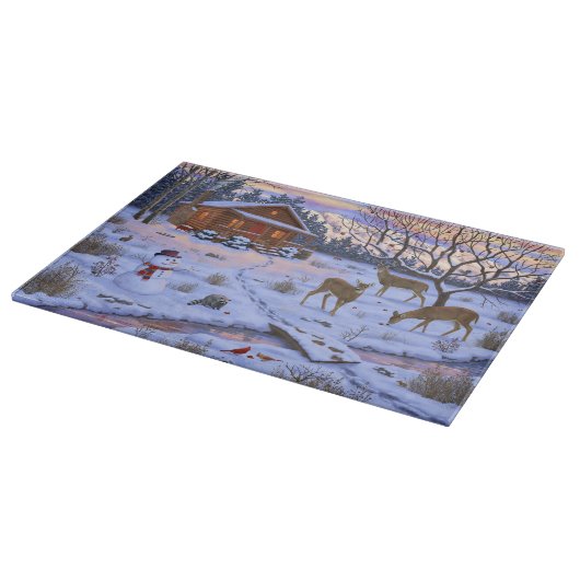 Winterhütte Hirsch im Schnee Weihnachtsszene Schneidebrett (Ecke)