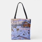 Winterhütte Hirsch im Schnee Weihnachtsszene Tasche (Rückseite)