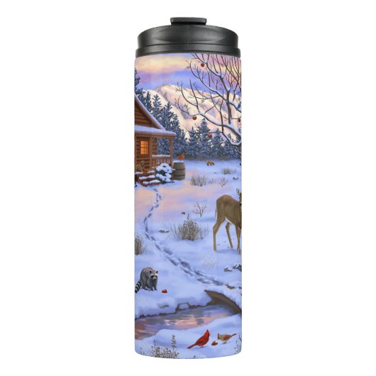 Winterhütte Hirsch im Schnee Weihnachtsszene Thermosbecher (Vorderseite)