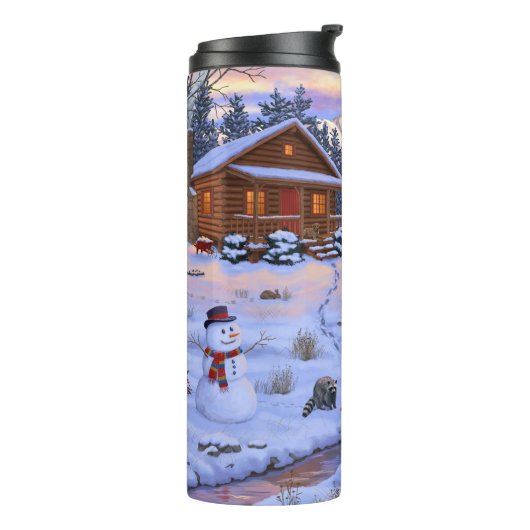 Winterhütte Hirsch im Schnee Weihnachtsszene Thermosbecher (Nach links gedreht)