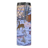 Winterhütte Hirsch im Schnee Weihnachtsszene Thermosbecher (Rückseite)