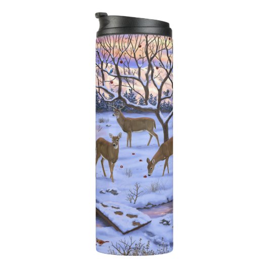 Winterhütte Hirsch im Schnee Weihnachtsszene Thermosbecher (Nach rechts gedreht)