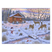 Winterhütte Hirsch im Schnee Weihnachtsszene Tischdecke (Vorderseite (Horizontal))