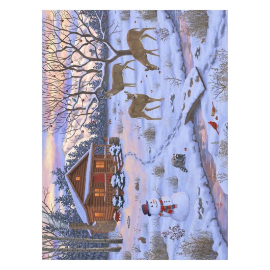 Winterhütte Hirsch im Schnee Weihnachtsszene Tischdecke (Vorderseite)