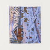 Winterhütte Hirsch im Schnee Weihnachtsszene Wandteppich (Vorderseite)