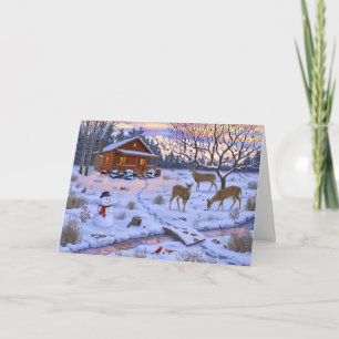 Winterhütte Hirsch in Schneeschweihnachtszene Karte