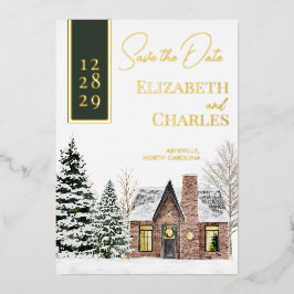 Winterhütte Hütte Grün Rustikal Save the Date Folieneinladung