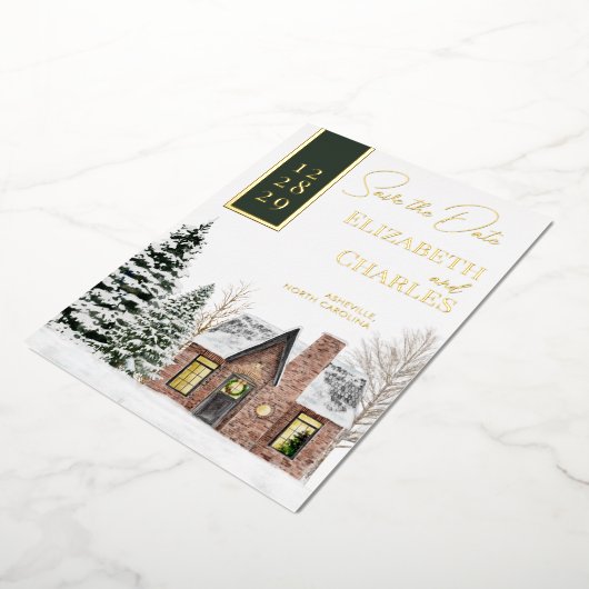 Winterhütte Hütte Grün Rustikal Save the Date Folieneinladung (Gedreht)