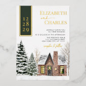 Winterhütte Hütte Grün Rustikale Hochzeit Folieneinladung (Vorderseite)