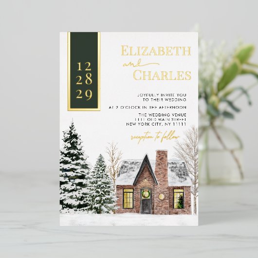 Winterhütte Hütte Grün Rustikale Hochzeit Folieneinladung (Stehend vorne)