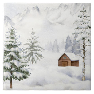 Winterhütte im schneebedeckten Wald Aquarell Fliese