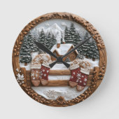 Winterhütte mit Fäustern Runde Wanduhr (Vorderseite)