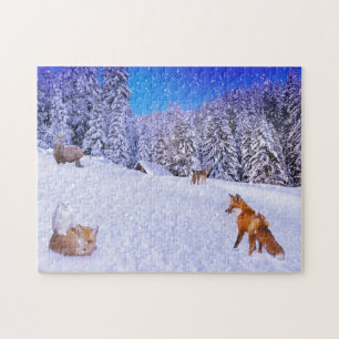 Winterhütte mit Wildtierfreunden Puzzle
