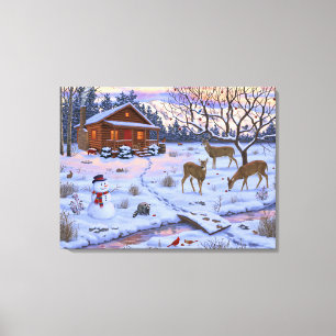 Winterhütte Reh Im Schnee Weihnachtsszene Leinwanddruck