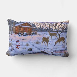 Winterhütte Reh Im Schnee Weihnachtsszene Lendenkissen