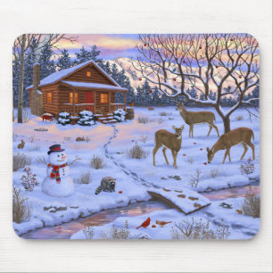 Winterhütte Reh Im Schnee Weihnachtsszene Mousepad