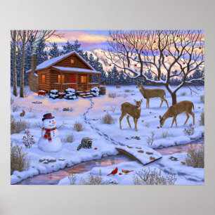 Winterhütte Reh Im Schnee Weihnachtsszene Poster