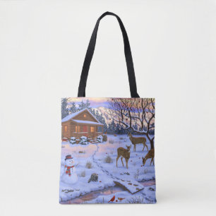 Winterhütte Reh Im Schnee Weihnachtsszene Tasche
