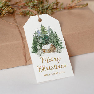 Winterhütte Rustikales Woodland Wasserfarbe Weihna Geschenkanhänger