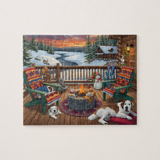 Winterhütte Terrasse Hunde Feuerstelle Schneeszene Puzzle
