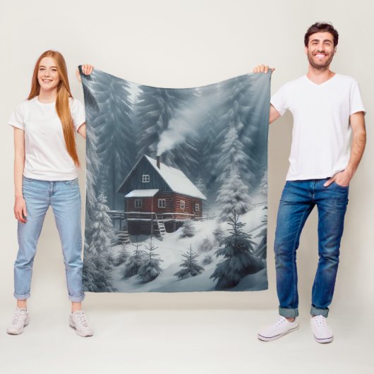 Winterhüttenlandschaft mit Schnee und Pinien Fleecedecke (Beispiel)