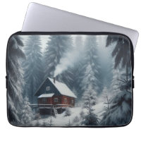 Winterhüttenlandschaft mit Schnee und Pinien