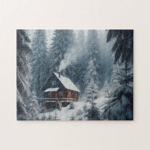 Winterhüttenlandschaft mit Schnee und Pinien Puzzle