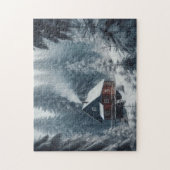 Winterhüttenlandschaft mit Schnee und Pinien Puzzle (Vertikal)