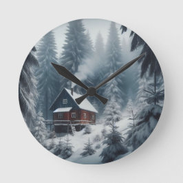 Winterhüttenlandschaft mit Schnee und Pinien Runde Wanduhr