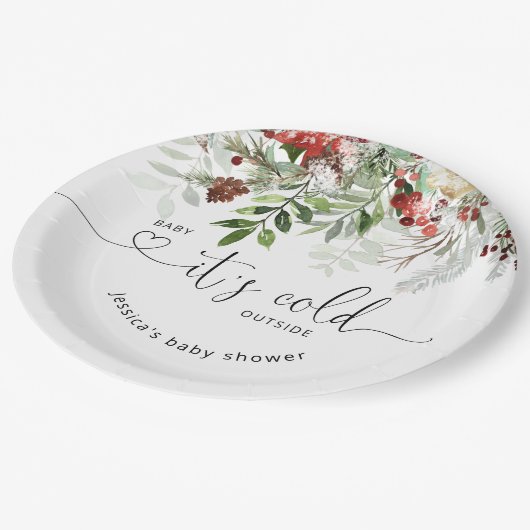 Winterimmergrüne Babydusche Pappteller (Schrägansicht)